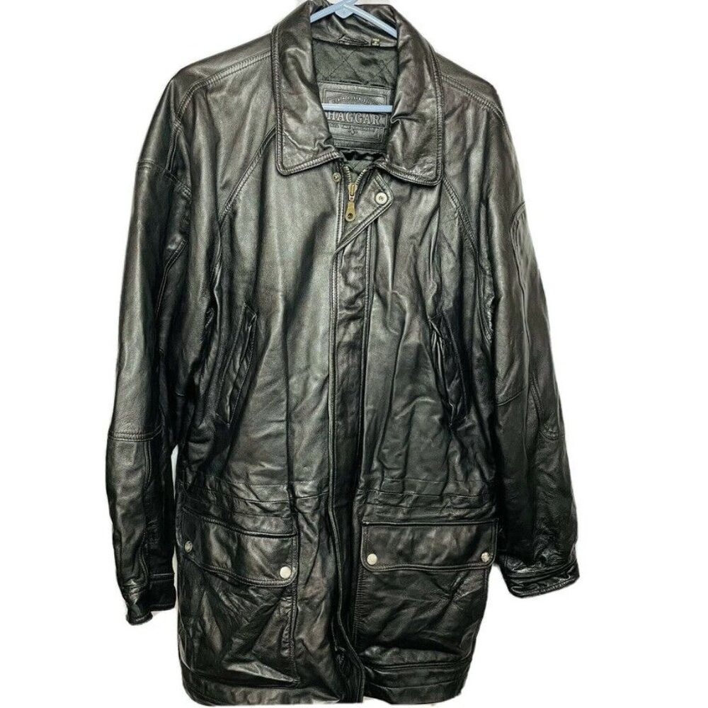 Mens Black Leather Coat  Haggar Size XL Heavy Winter Jacket u